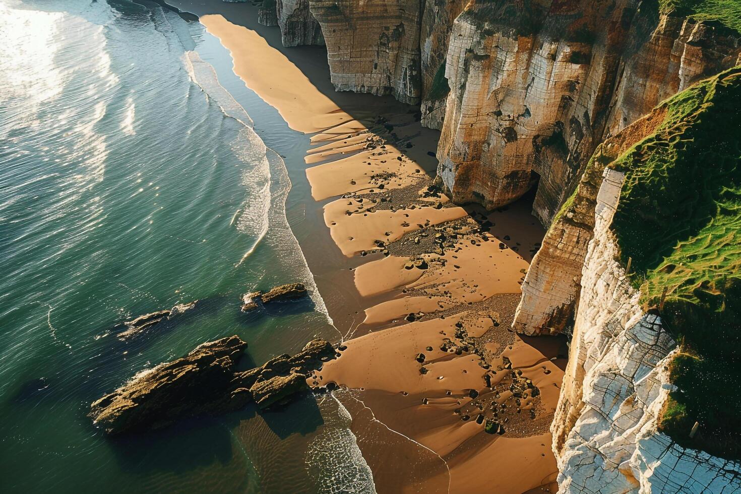 AweInspiring Sunlight Casting Long Shadows of Coastal Cliff on Beach nature background photo