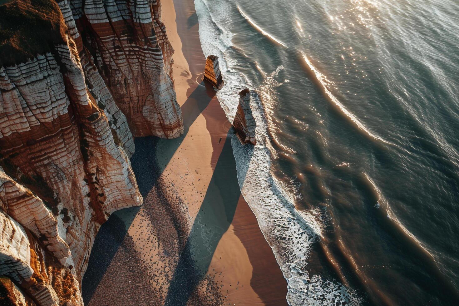 Awe Inspiring Sunlight Casting Shadows of Coastal Cliff on Beach nature background photo