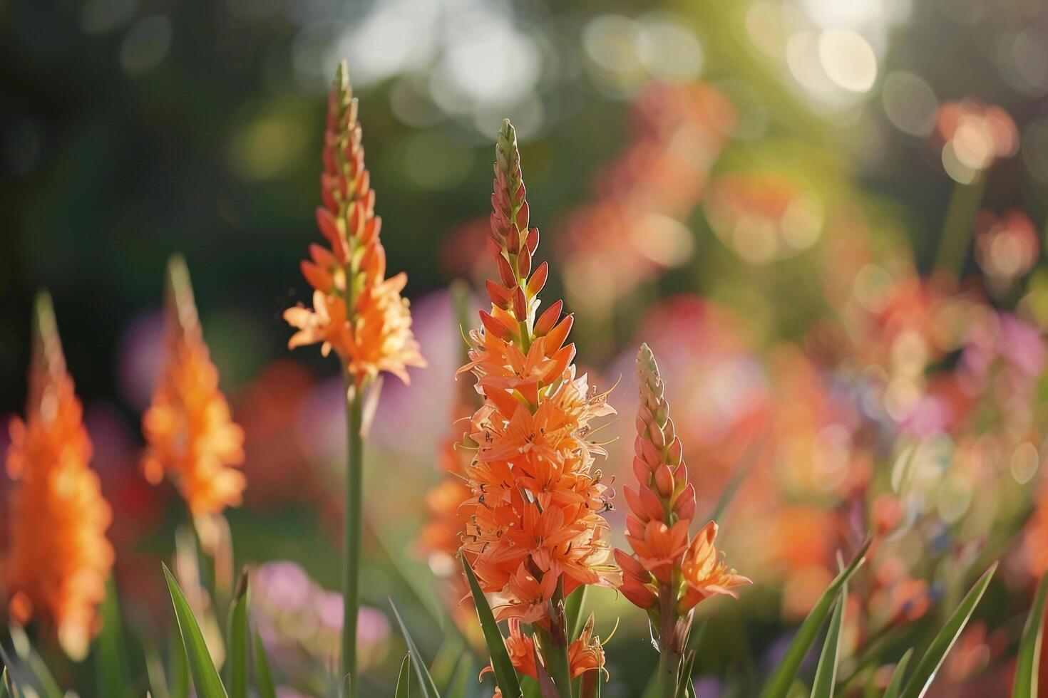 Exotic Watsoni Bugle Lily with Tall Spikes of Fiery Orange Flowers Striking Floral Display Background Nature photo