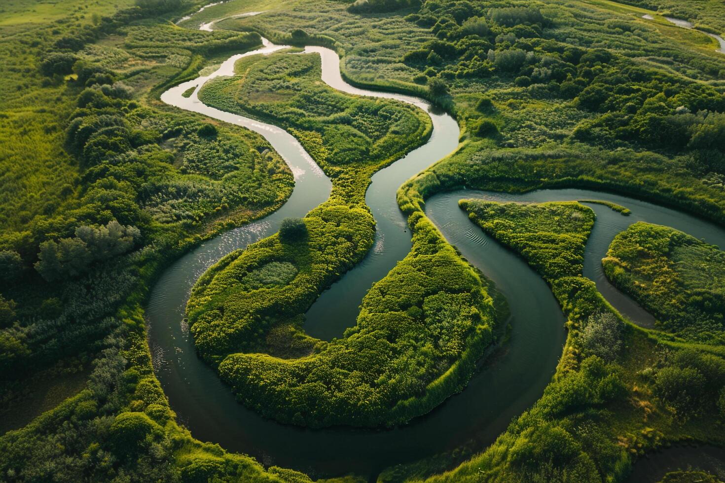 Dynamic Aerial  of Winding River Cutting Through Lush Green Landscape   nature background photo