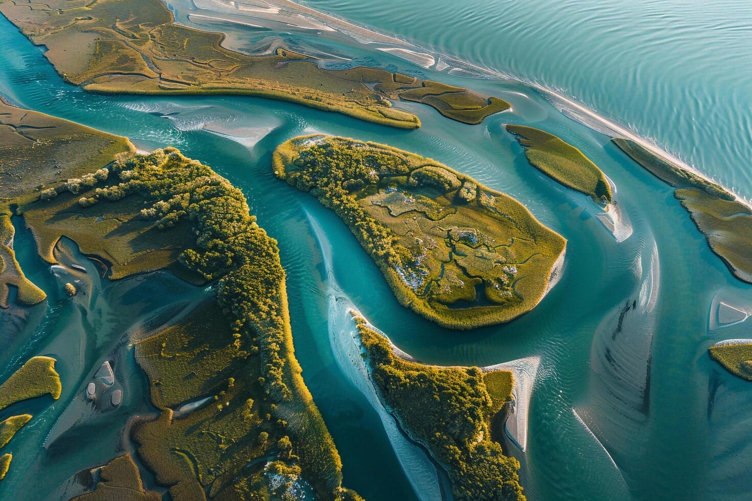 Aerial  of Winding River Delta Creating Intricate Patterns as It Flows into the Ocean   nature background photo