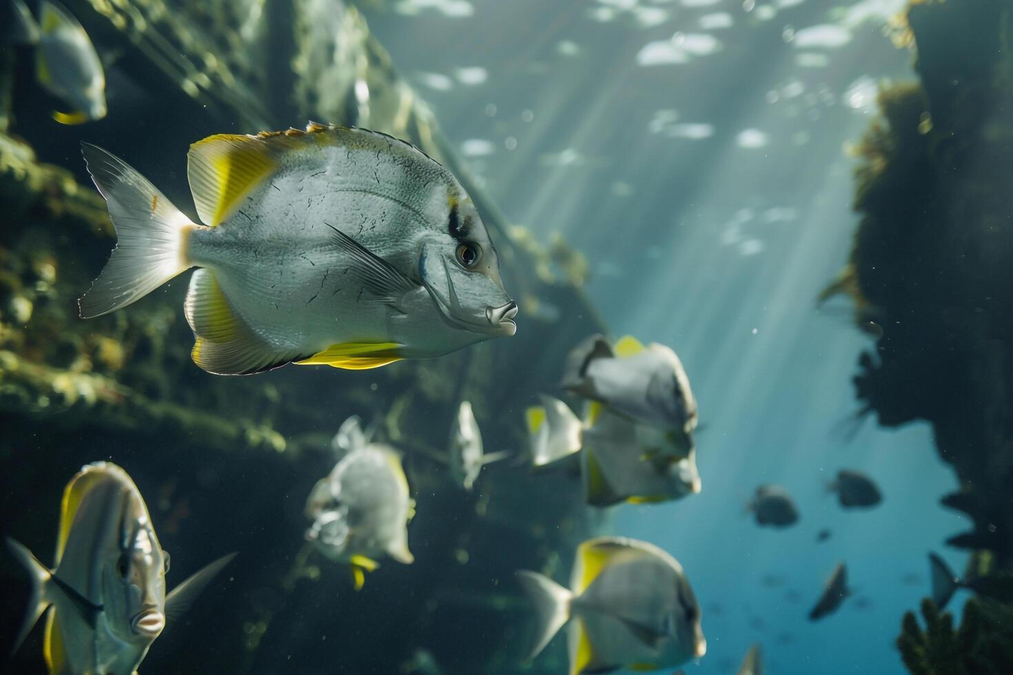 Elegant Batfish swimming gracefully in school near shipwreck in clear deep ocean waters with sunlight creating reflections on their sleek bodies photo