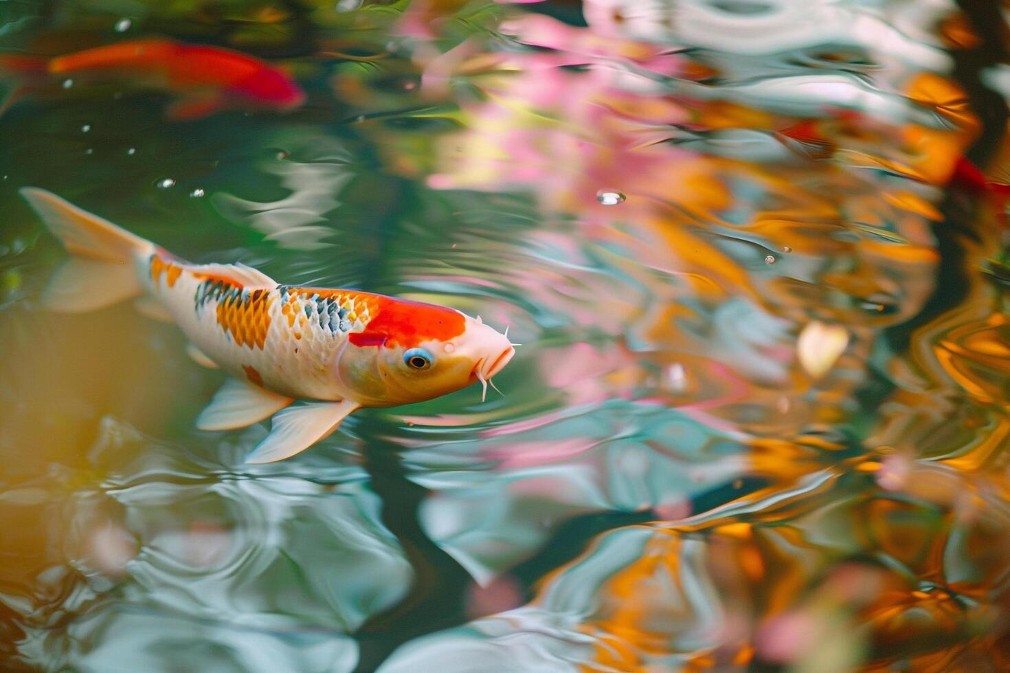 Colorful Koi Fish Swimming Gracefully in Clear Reflective Pond with Vibrant Colors photo