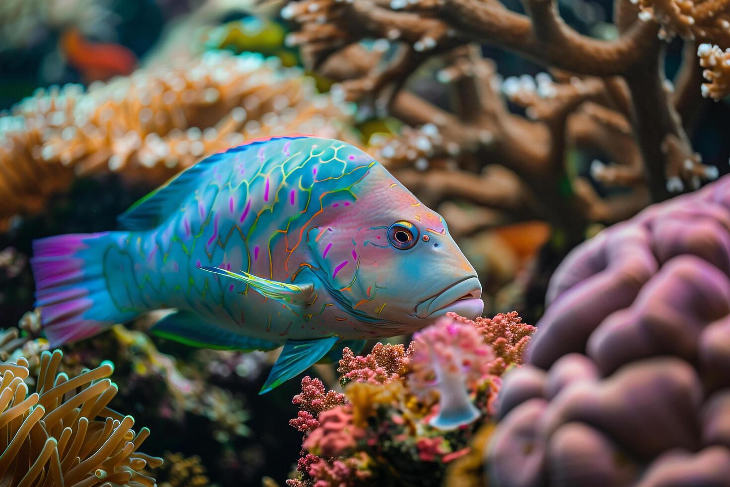 Colorful Parrotfish Nibbling on Coral Polyps in Vibrant Coral Reef Surrounded by Variety of Marine Life nature background photo