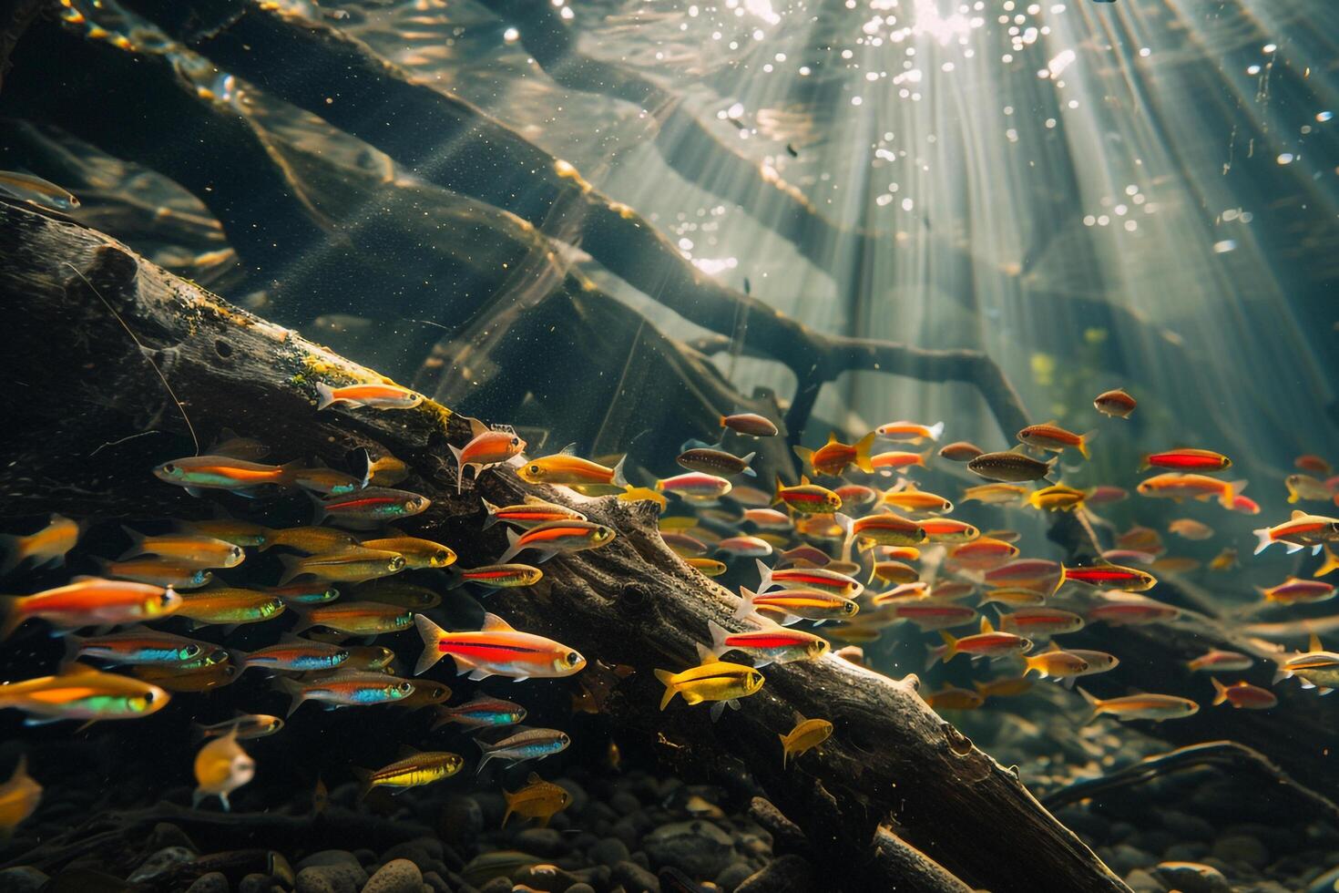 Rainbow Fish in Freshwater Lake Schooling Among Tree Roots Nature s Aquatic photo