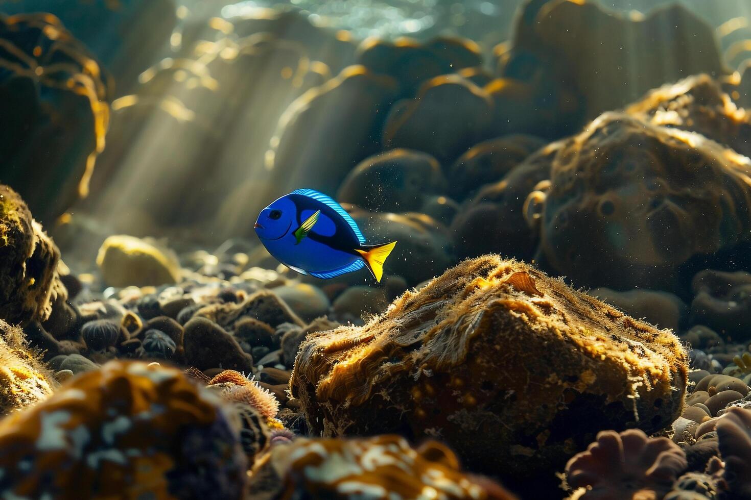 Curious Blue Tang Exploring Rocky Coral Formation in Clear Oceanic Environment Background Nature photo