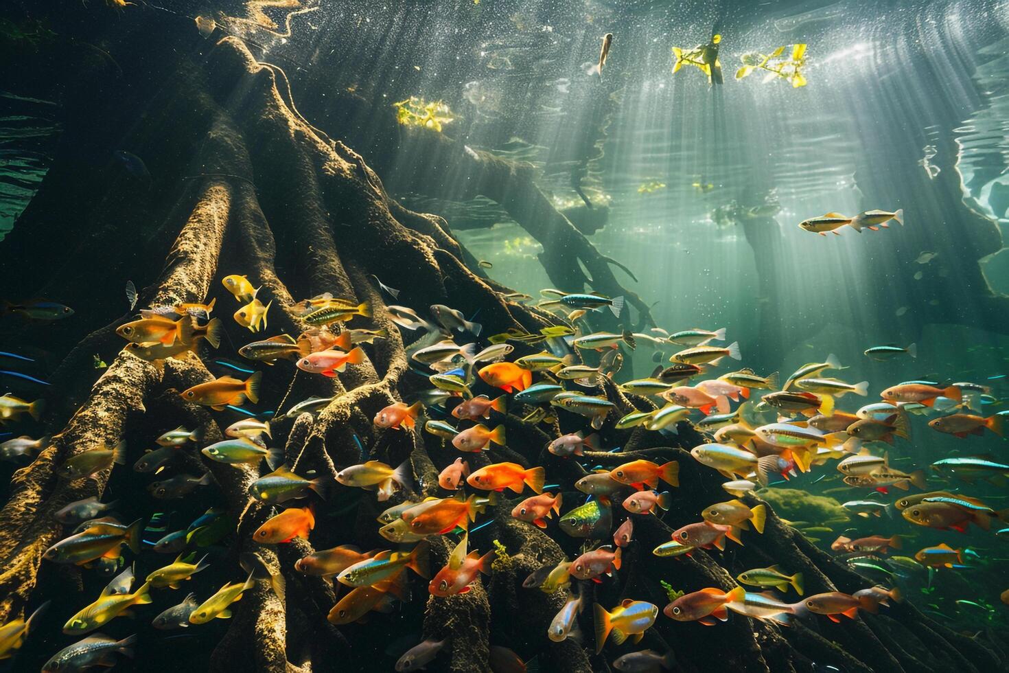 Colorful Rainbow Fish Swimming Among Submerged Tree Roots in Freshwater Lake Nature photo