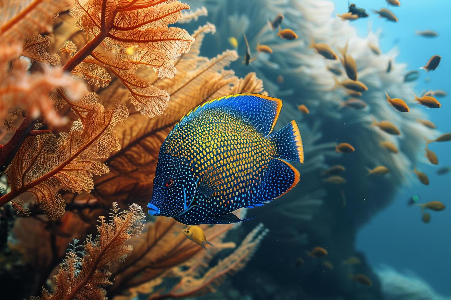 Regal Blueface Angelfish swimming among swaying sea fans in a clear deep sea environment with serene ambient light background nature photo