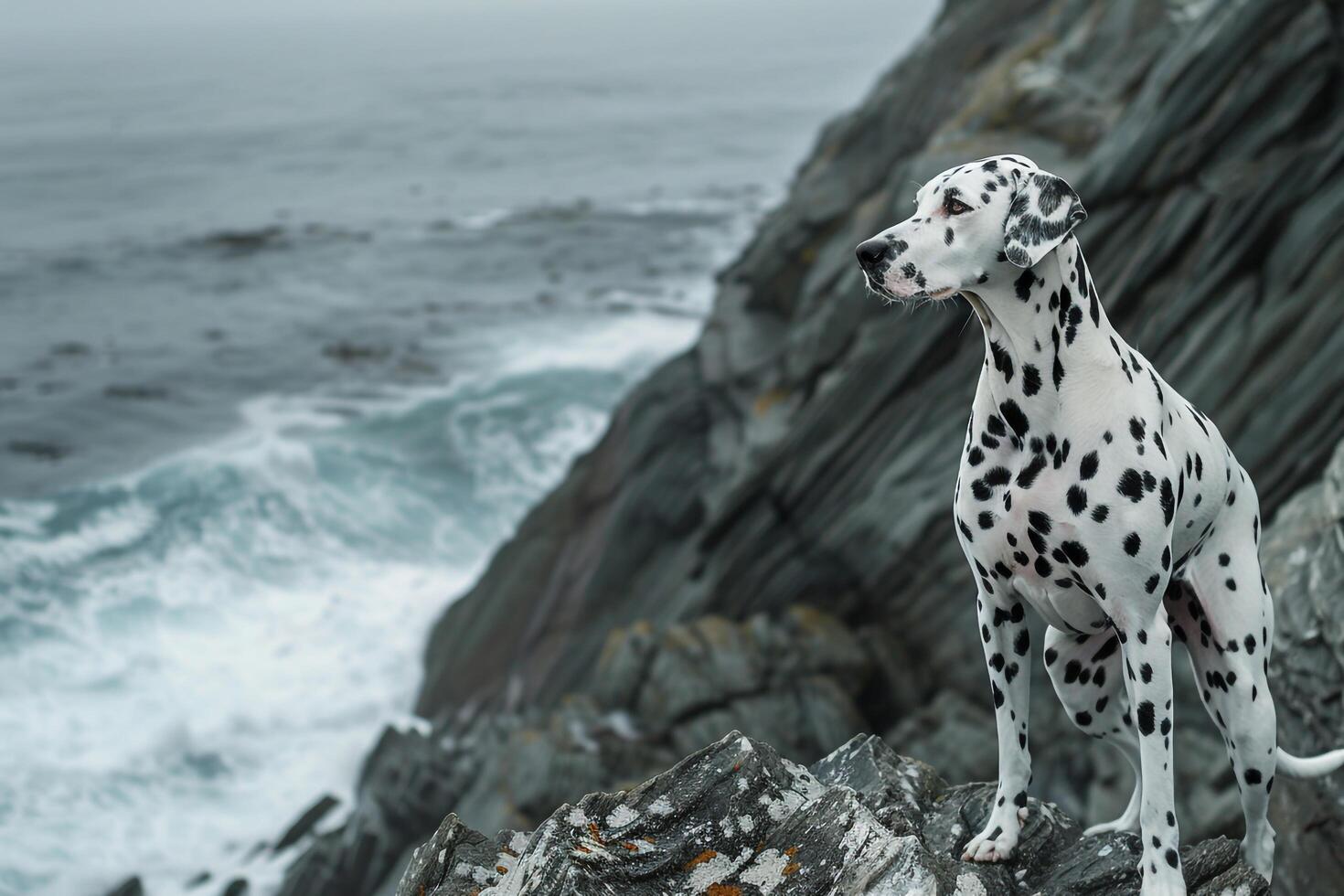 Artistic Dog Dramatic Dalmatian Standing Proudly on Rocky Cliff Overlooking Crashing Waves Wind Blowing Through Its Spots Background and Nature photo