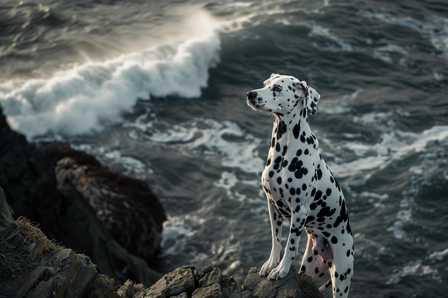 Artistic Dog Dramatic Dalmatian Standing Proudly on Rocky Cliff Overlooking Crashing Waves Wind Blowing Through Its Spots Background and Nature photo