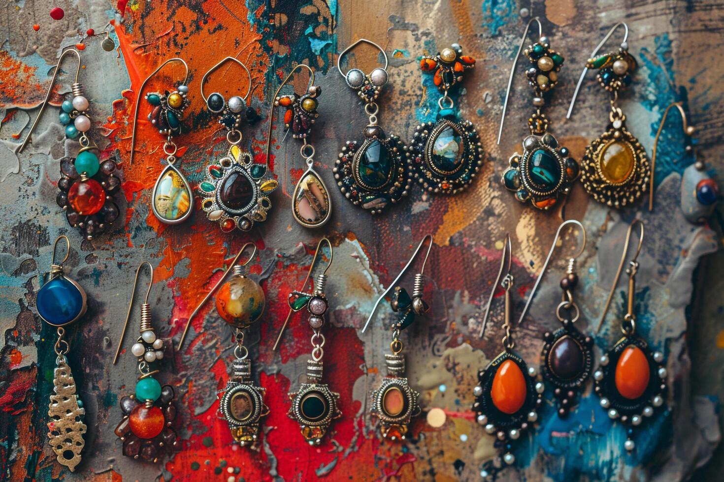 Creative Collection of Artistic Handmade Earrings Arranged in Pattern on Painted Canvas nature background photo