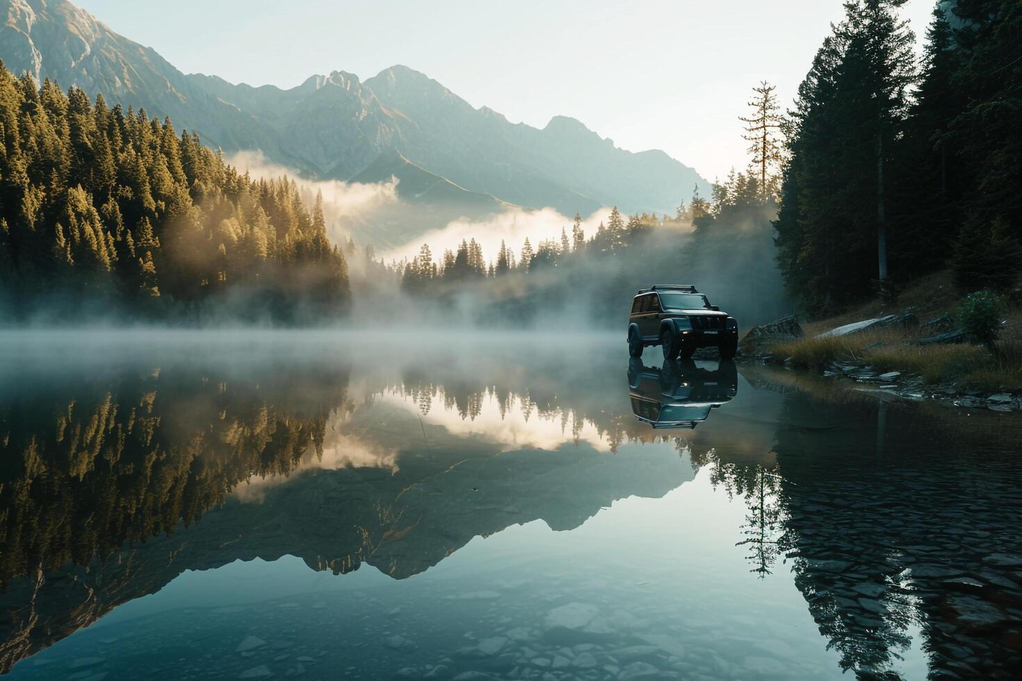 Compact Truck Parked at Serene Mountain Lake Mist Rising from Water and Pine Tree Reflections photo