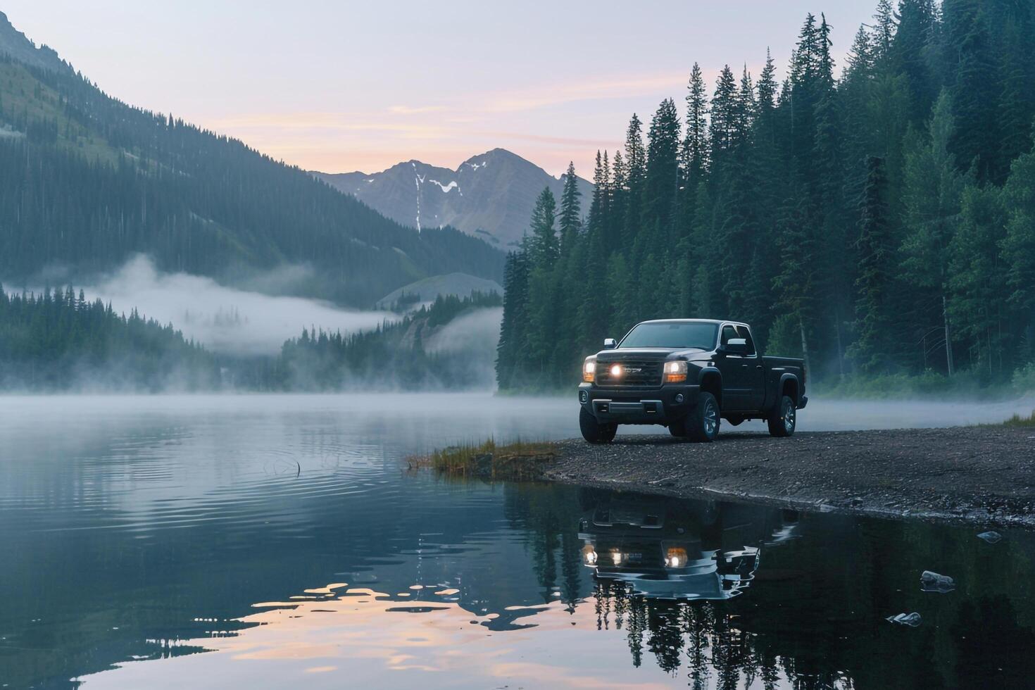 Compact Truck Parked at Serene Mountain Lake Mist Rising from Water and Pine Tree Reflections photo