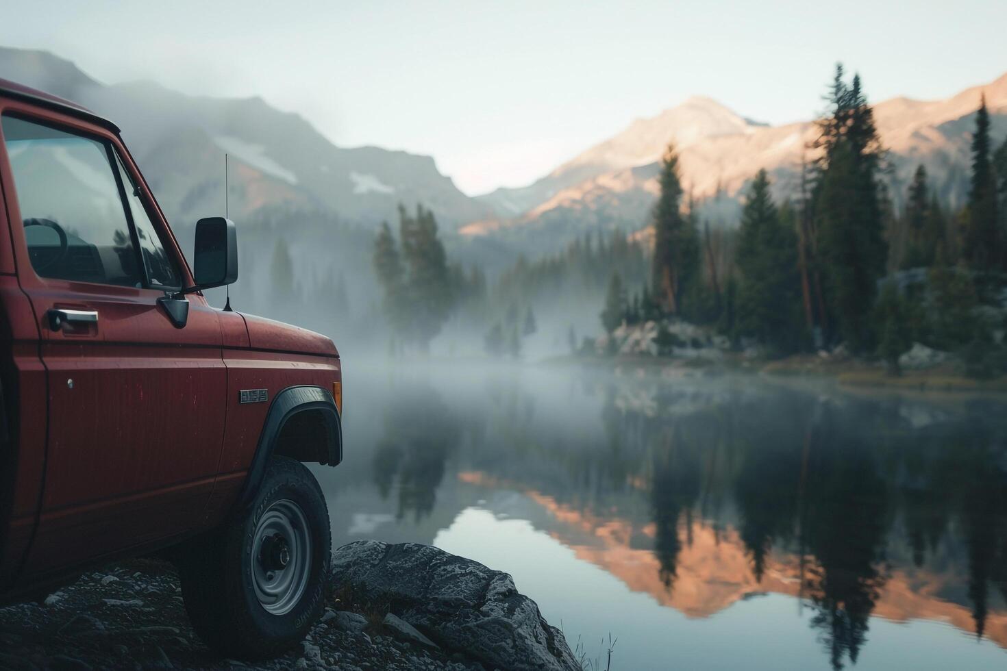 Compact Truck Parked at Serene Mountain Lake with Mist Rising and Pine Tree Reflections   nature background photo