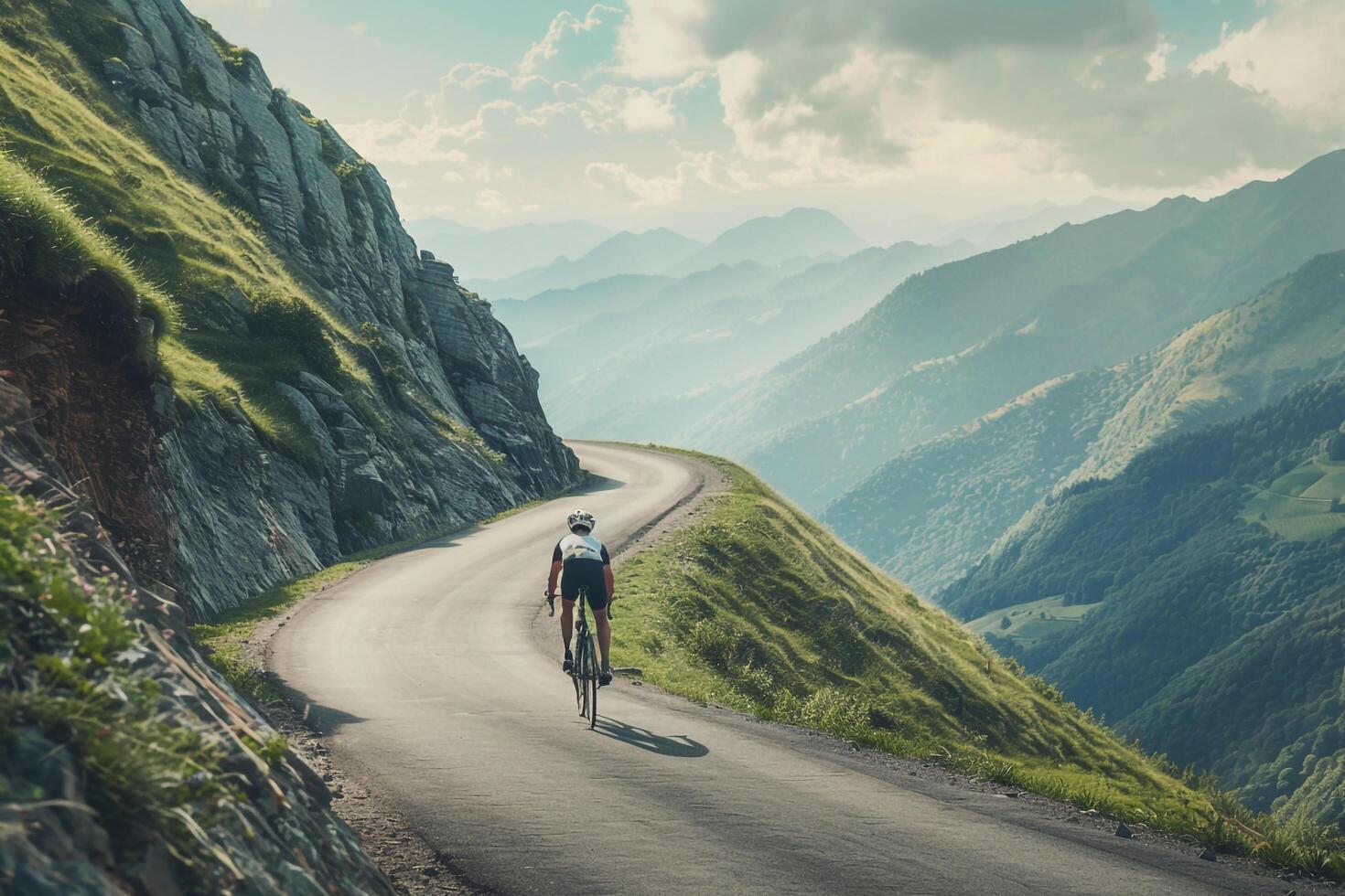 Determined Cyclist Climbing Steep Mountain Road Surrounded by Lush Greenery nature background photo