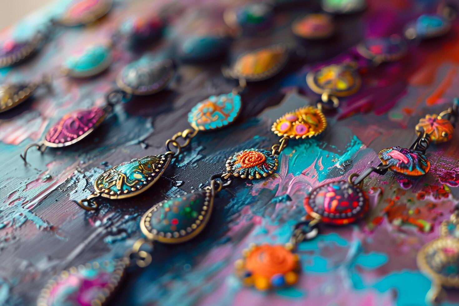 Artistic Collection of Handmade Earrings Arranged in Pattern on Painted Canvas nature background photo
