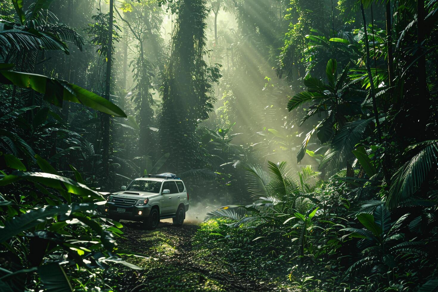 Adventure Full Size SUV Driving Through Dense Tropical Rainforest   nature background photo