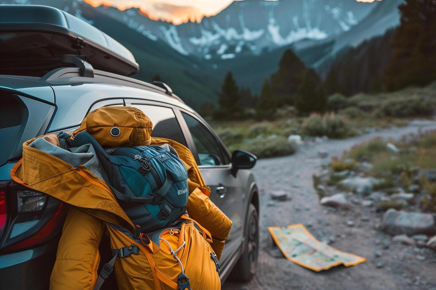 Adventure Compact Crossover Parked at Trailhead with Hiking Gear and Map for nature background Hike   nature background photo
