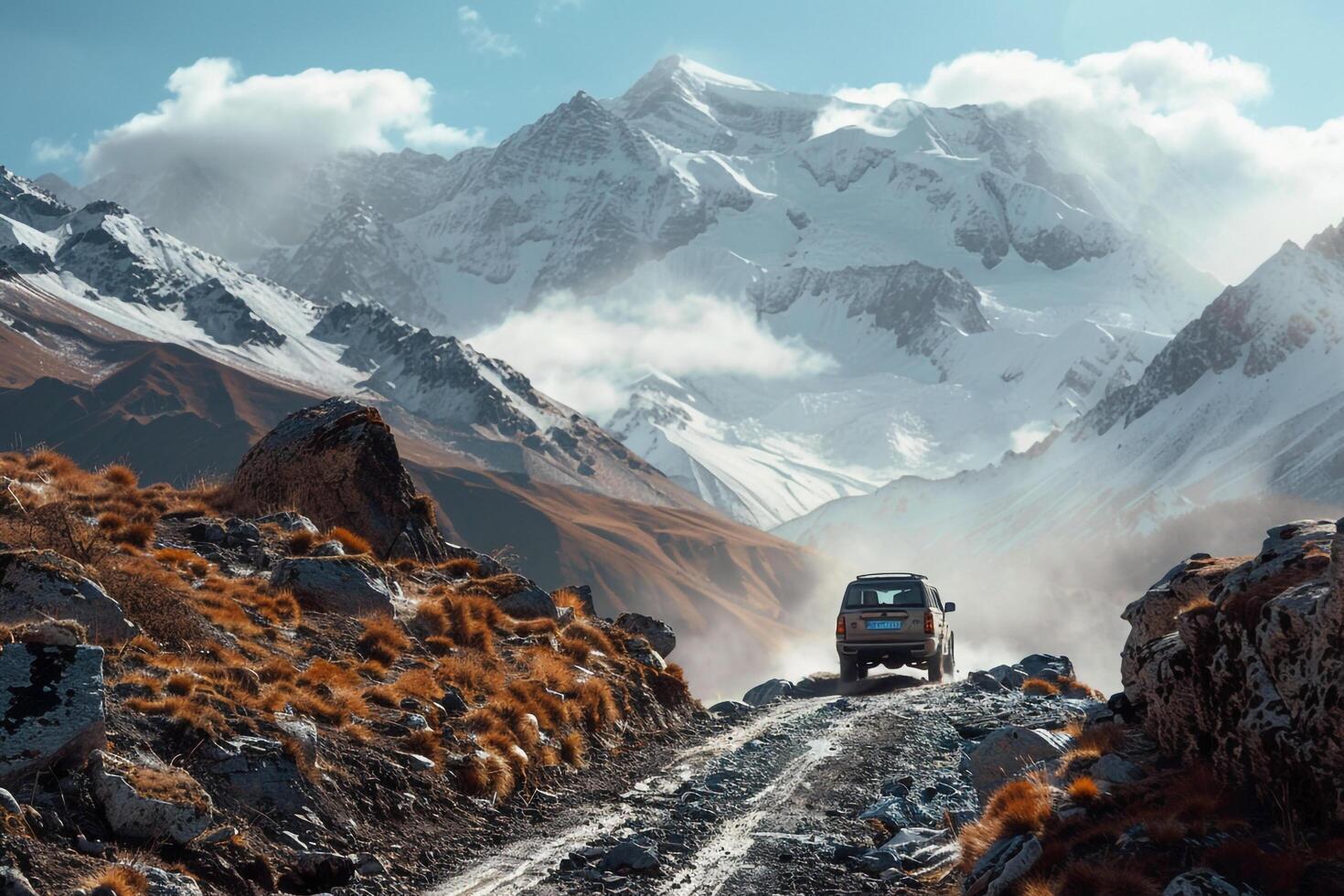 Rugged Mountain Trail with Compact SUV   Adventure Background photo