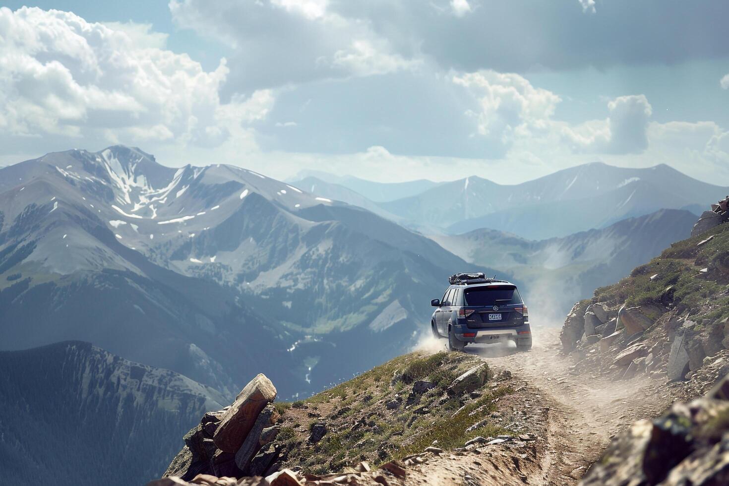 Adventure Compact SUV Driving on Rugged Mountain Trail with Rocky Terrain and Snow Capped Peaks   nature background photo