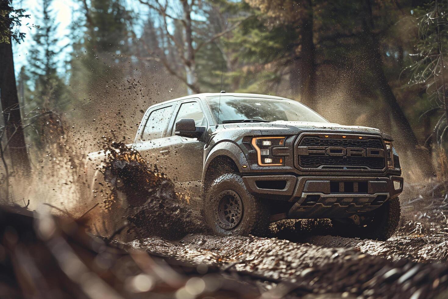 Rugged Full Size Truck Driving on Off Road Trail with Forested photo