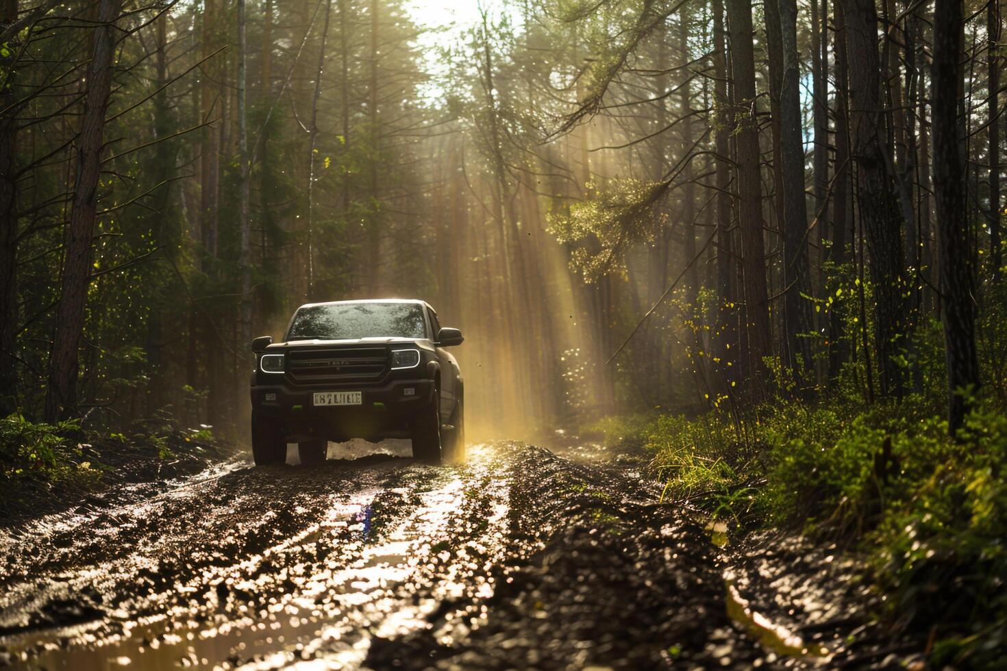 Adventure Off Road Truck Navigating Muddy Trail in Dense Forest with Sunlight Filtering Through Trees   nature background photo