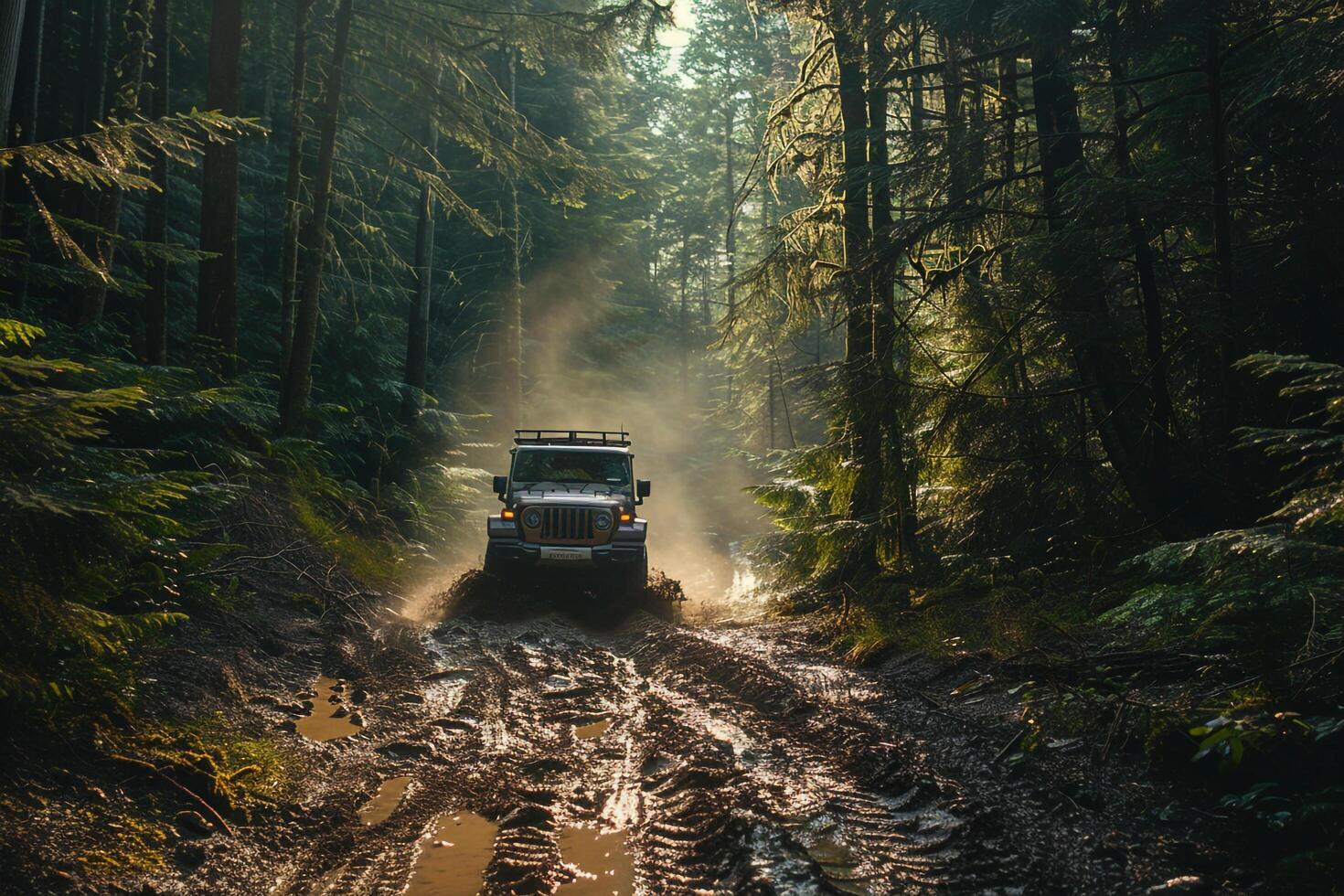 Off Road Truck Navigating Muddy Trail in Dense Forest with Filtering Sunlight   nature background photo