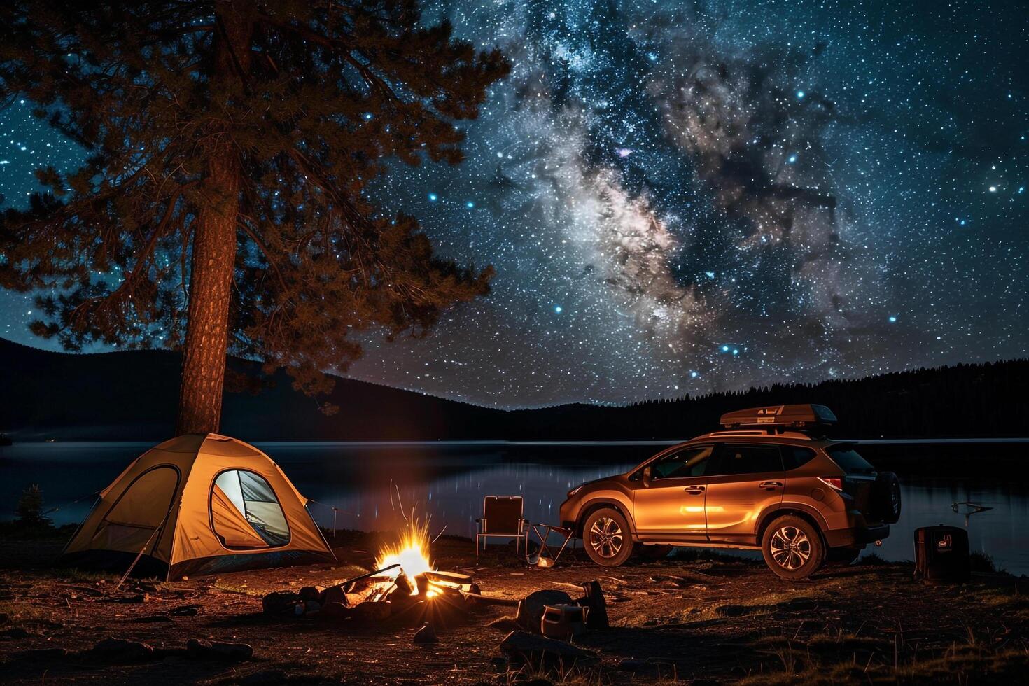 Adventure Subcompact SUV Parked at Lakeside Campground with Tents and Campfire   nature background photo