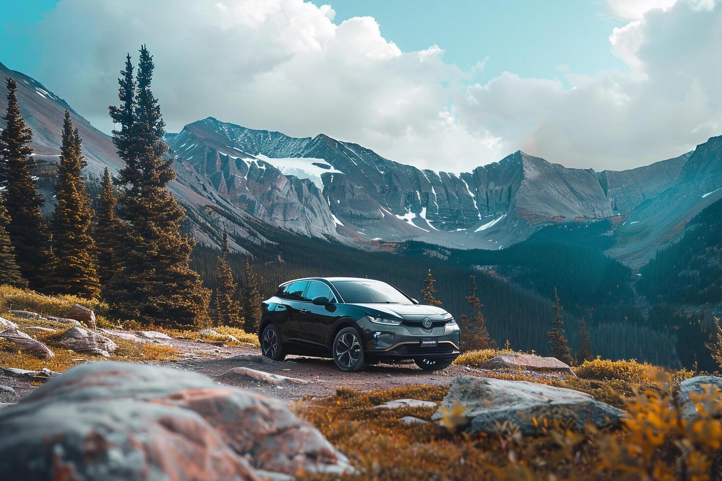 Adventure Electric SUV Parked at the Base of Mountain Trail with Rugged Terrain and Pine Forests  nature background photo