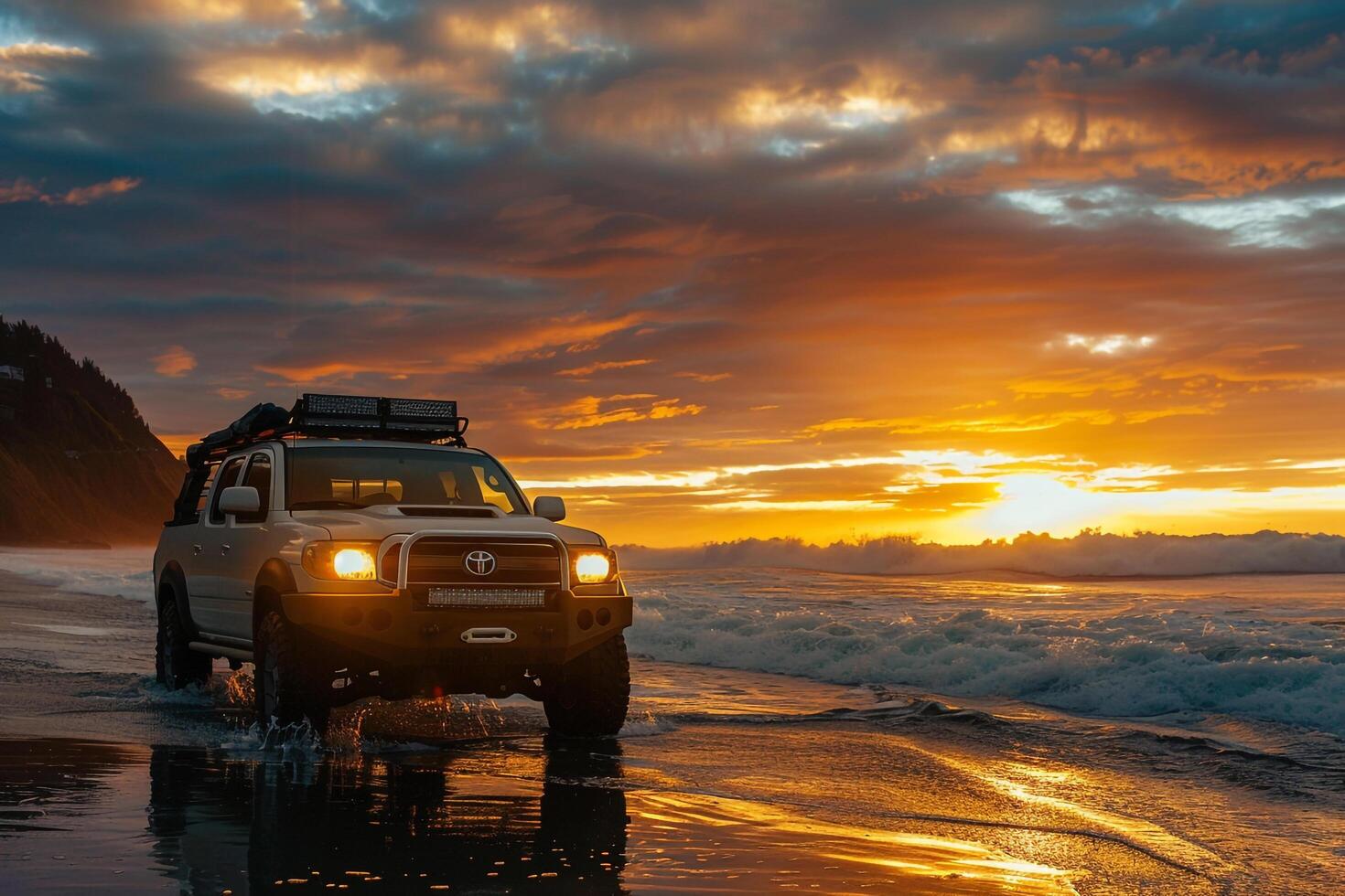 Adventure Compact Truck Parked at Beach with Waves Crashing on the Shore and Dramatic Sunset in the Background nature background photo