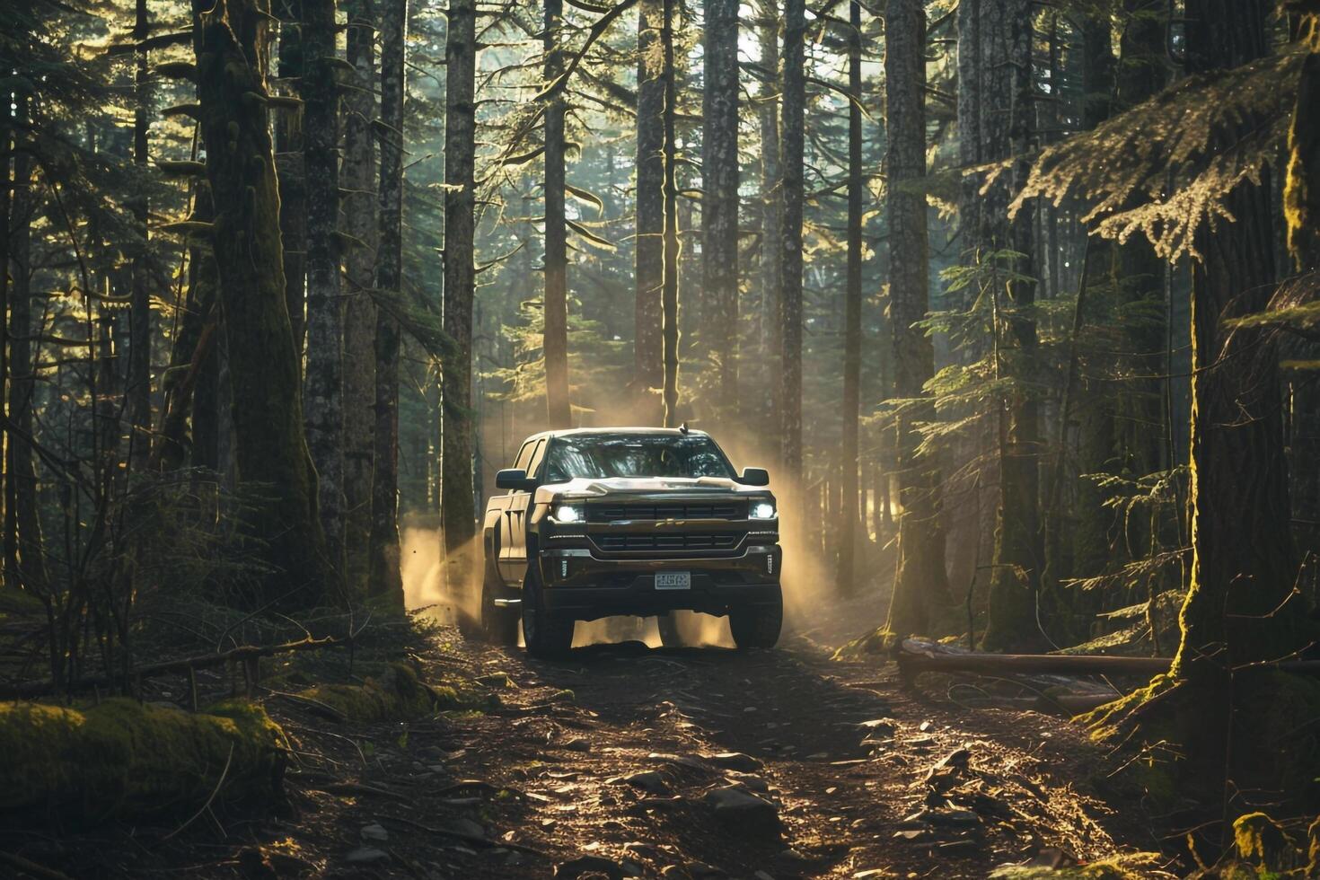 Adventure Full Size Truck Driving Through Dense Forest Trail with Sunlight Filtering Through the Trees nature background photo