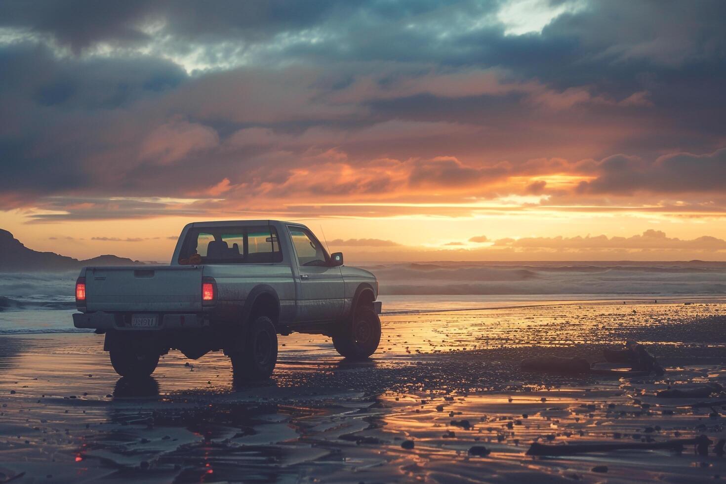 Adventure Compact Truck Parked at Beach with Waves Crashing on the Shore and Dramatic Sunset in the Background nature background photo