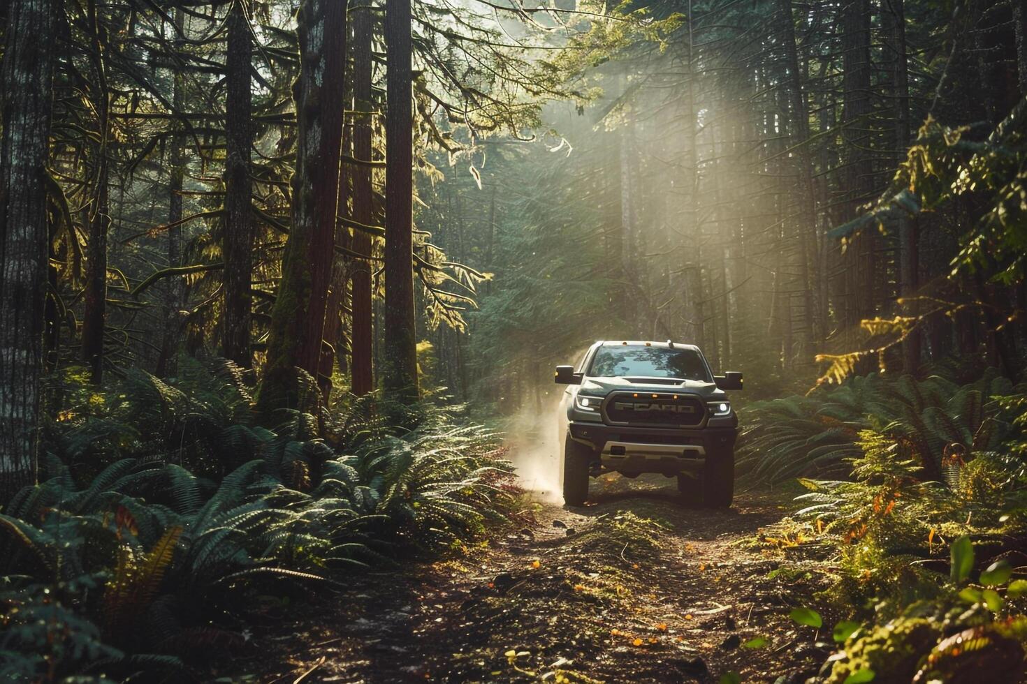 Adventure Full Size Truck Driving Through Dense Forest Trail with Sunlight Filtering Through the Trees nature background photo