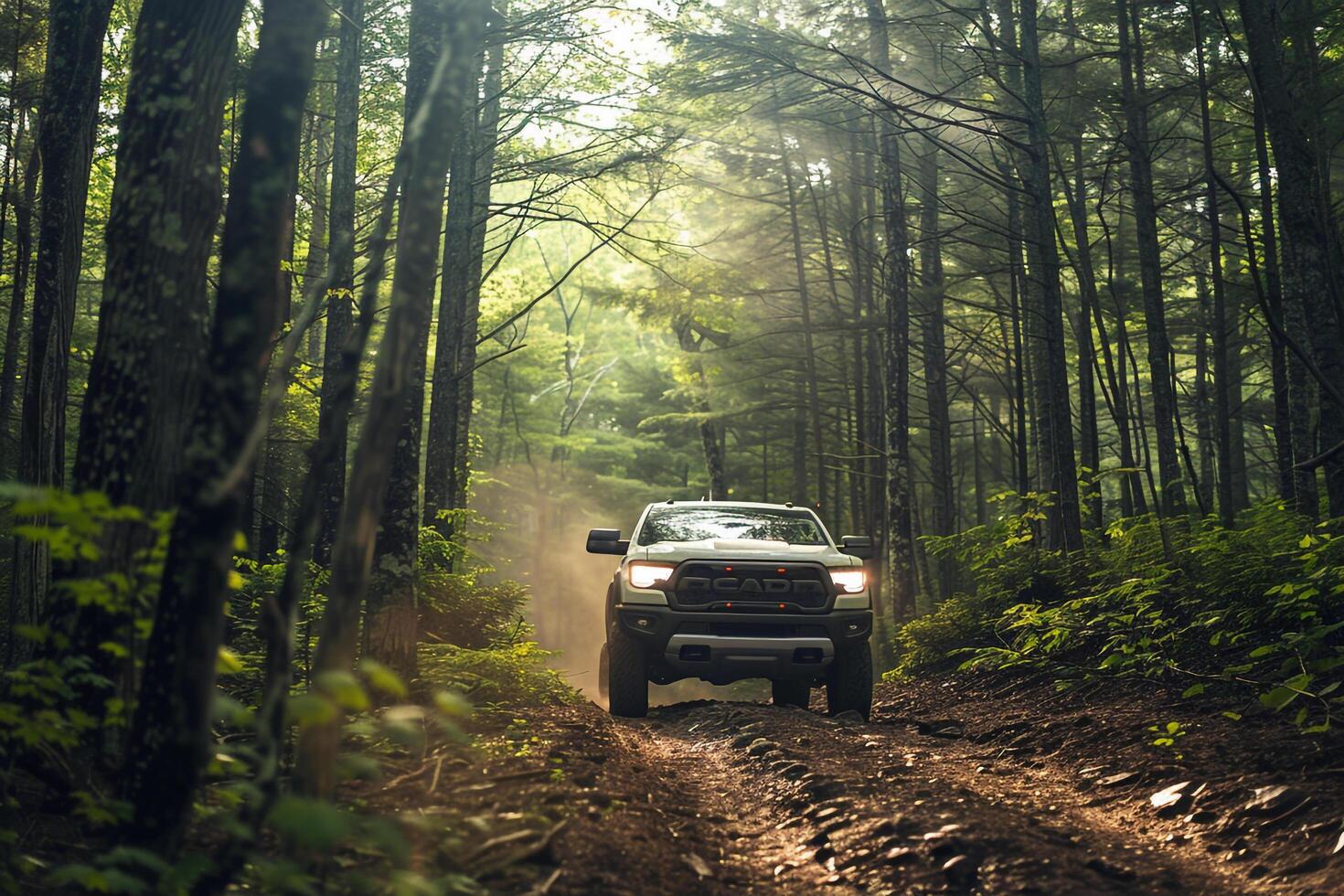 Adventure Full Size Truck Driving Through Dense Forest Trail with Sunlight Filtering Through the Trees nature background photo