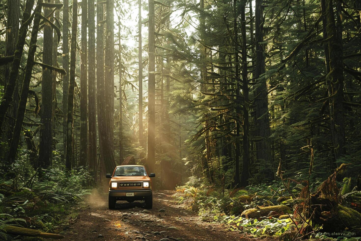 Adventure Filled Full Size Truck Driving Through Dense Forest Trail with Sunlight Filtering Through Trees photo