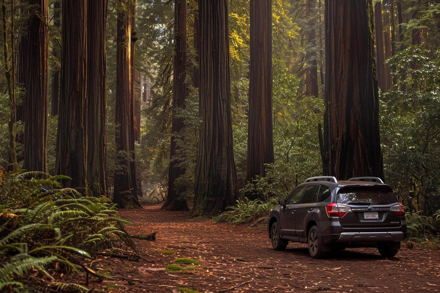 Adventure Hybrid SUV Parked at National Park Entrance with Towering Redwoods and Hiking Trail Leading In photo