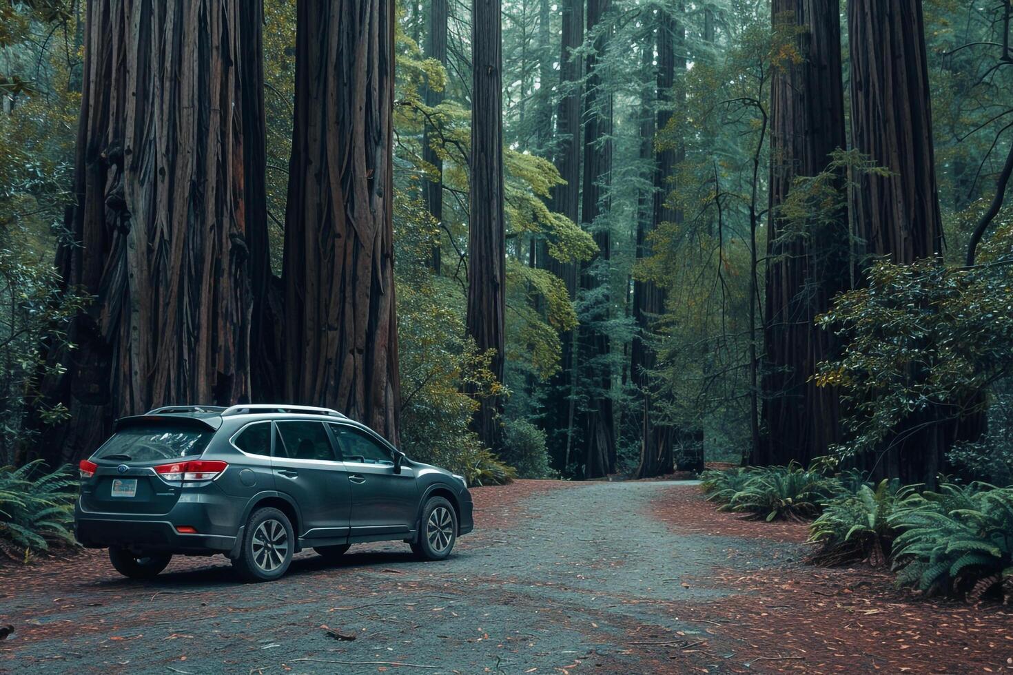 Adventure Hybrid SUV Parked at National Park Entrance with Towering Redwoods and Hiking Trail Leading In photo