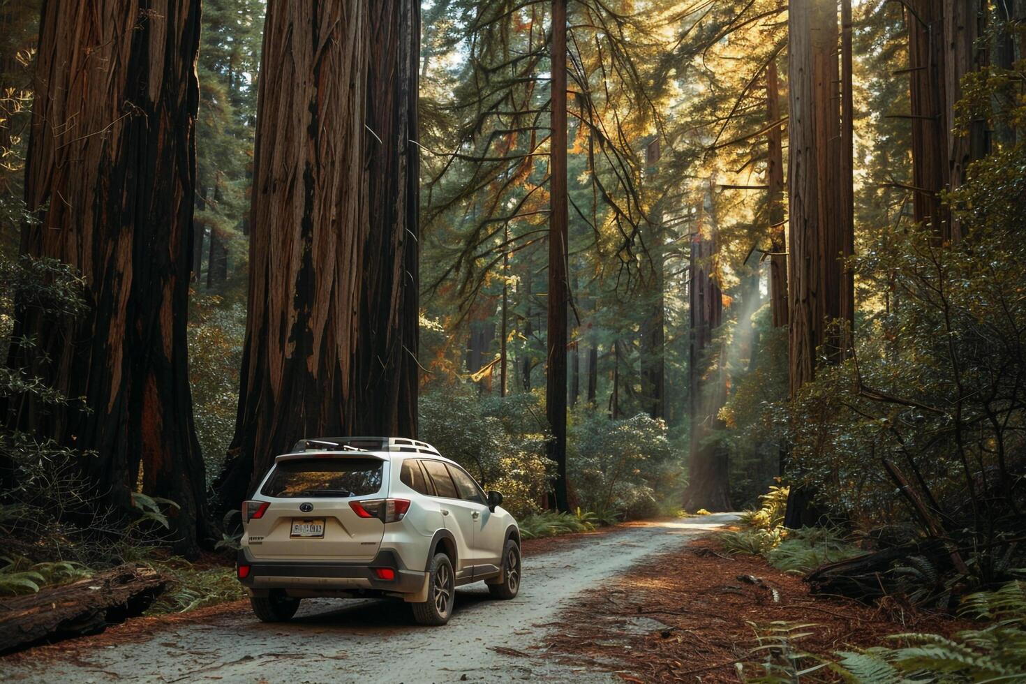 Adventure hybrid SUV parked at the entrance of national park with towering redwoods and hiking trail leading into the forest nature background photo