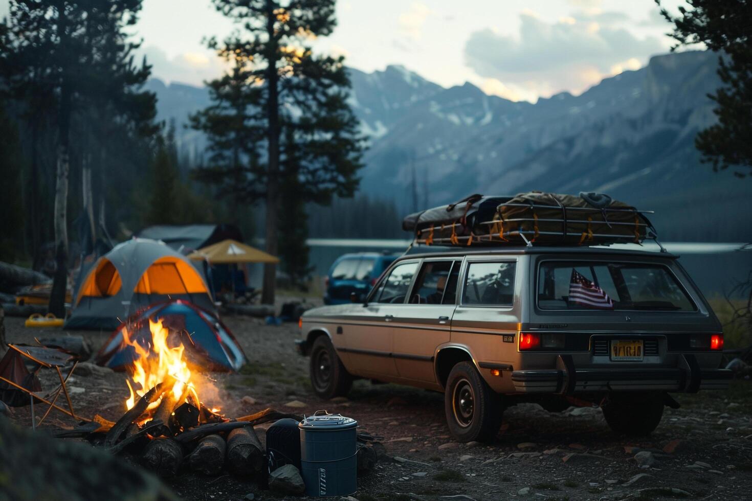 Station Wagon Loaded with Camping Gear Parked at a Nature Campsite with a Bonfire and Tents in the Background photo