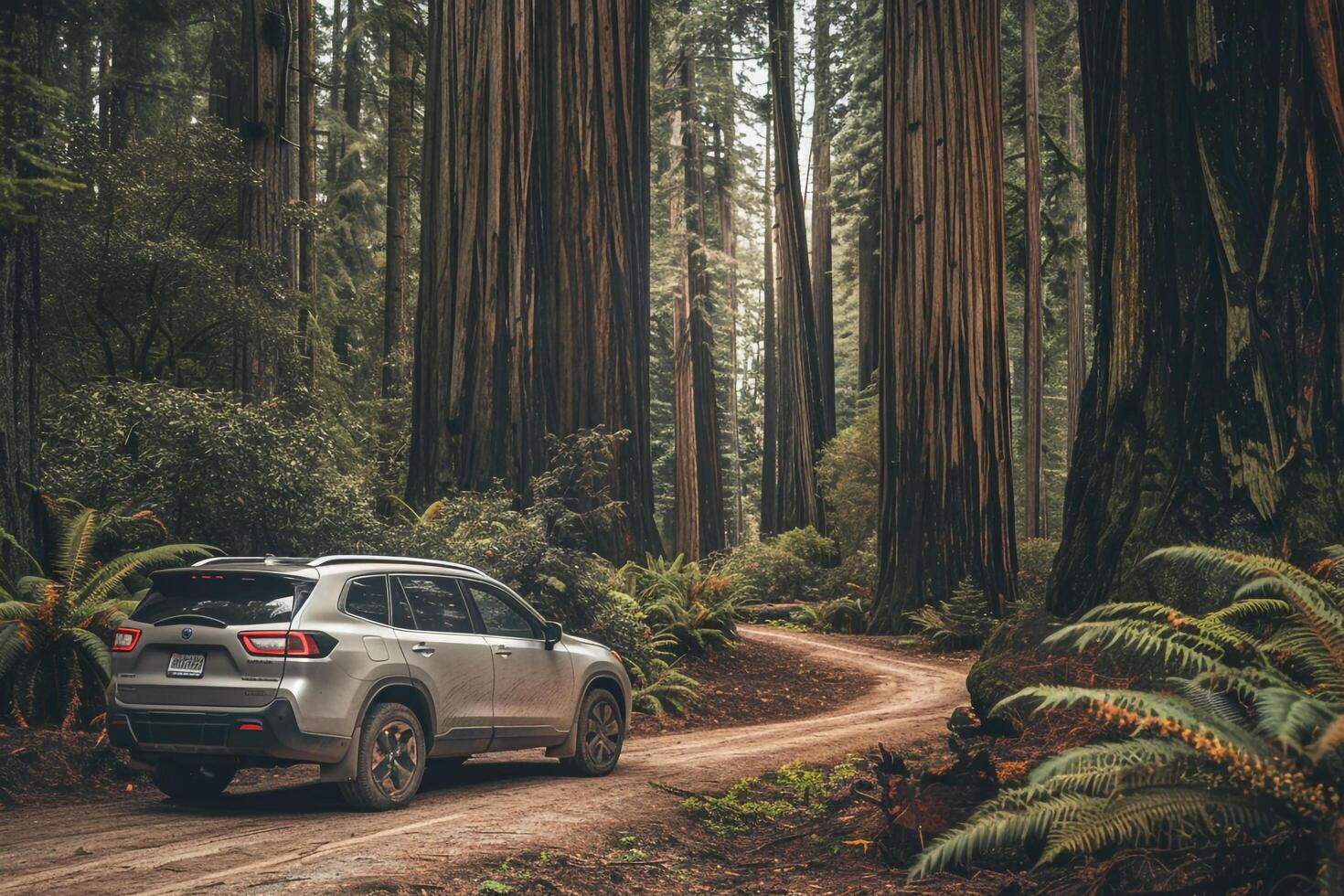 Adventure hybrid SUV parked at the entrance of national park with towering redwoods and hiking trail leading into the forest nature background photo