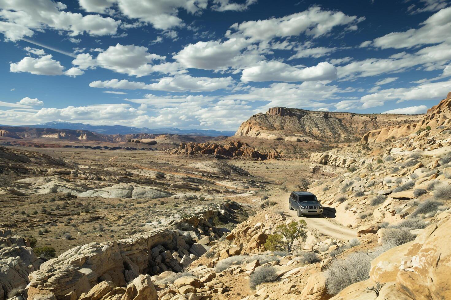 Compact SUV driving on rocky desert trail with towering mesas under vast blue sky nature background photo