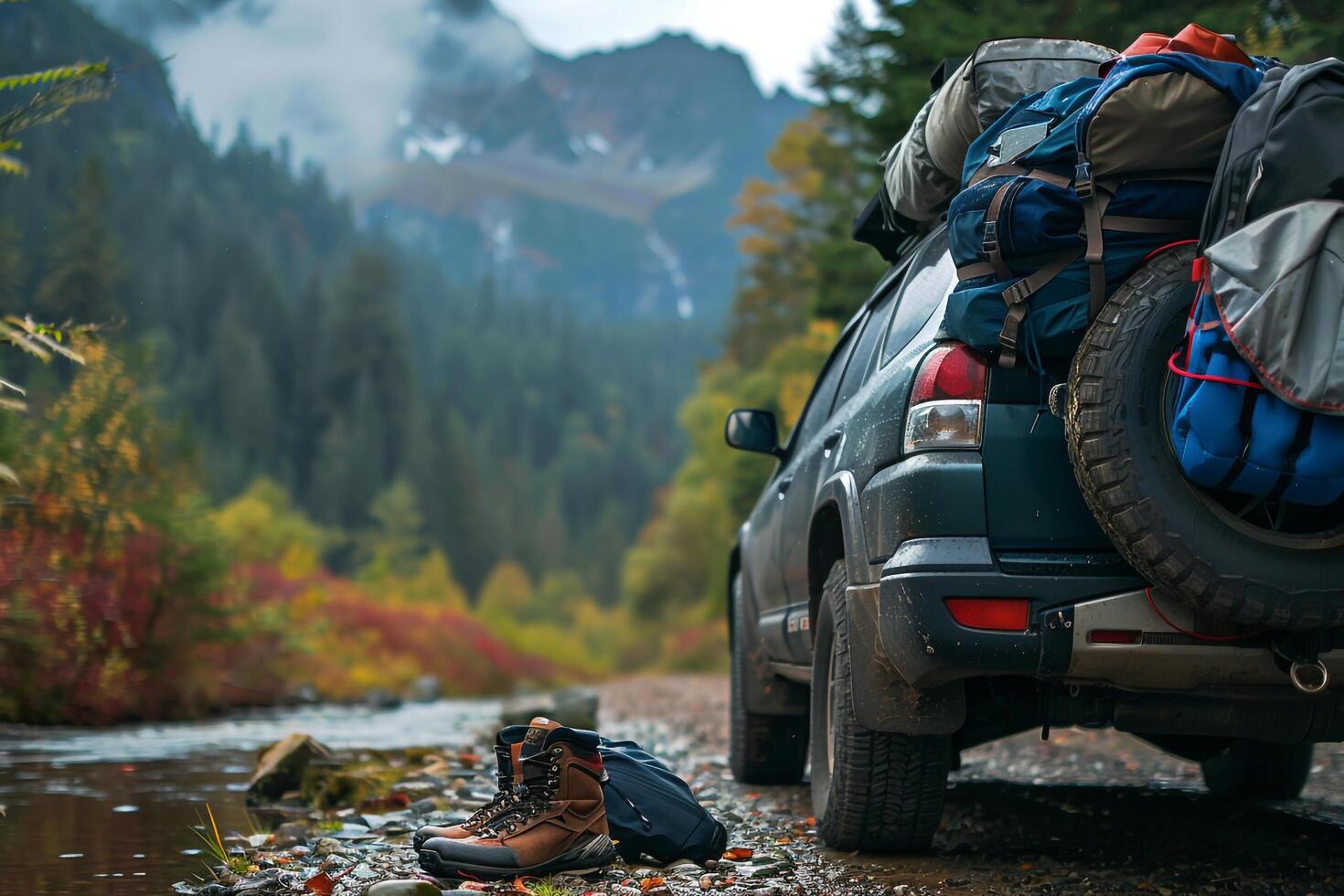 Crossover SUV parked at trailhead with hiking boots and backpacks loaded in the cargo area nature background photo