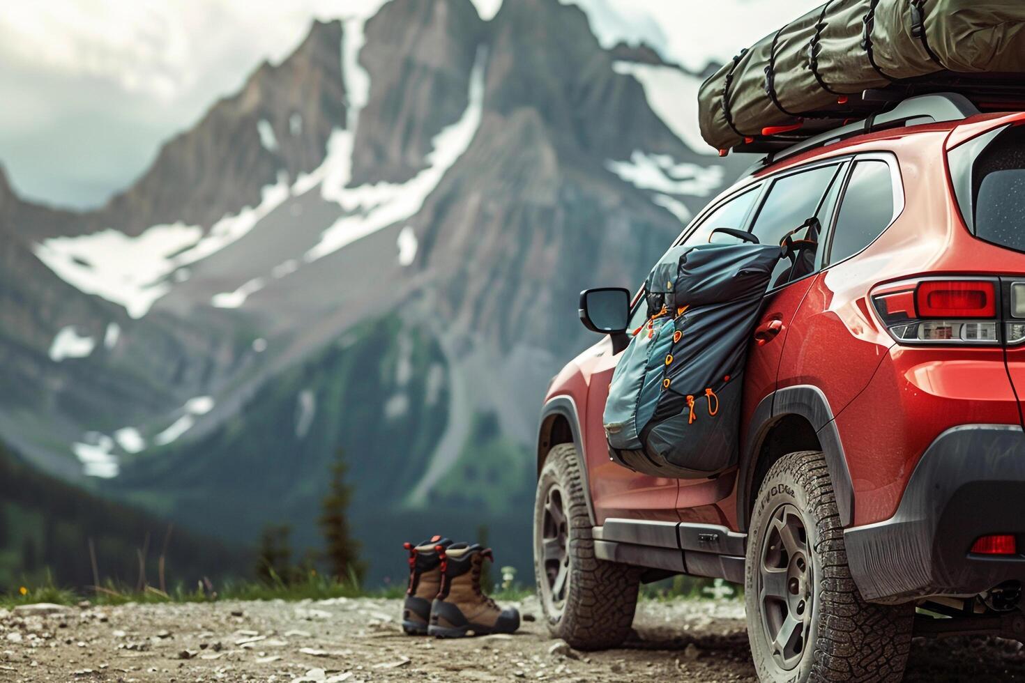 Crossover SUV parked at trailhead with hiking gear ready for mountain hike nature background photo