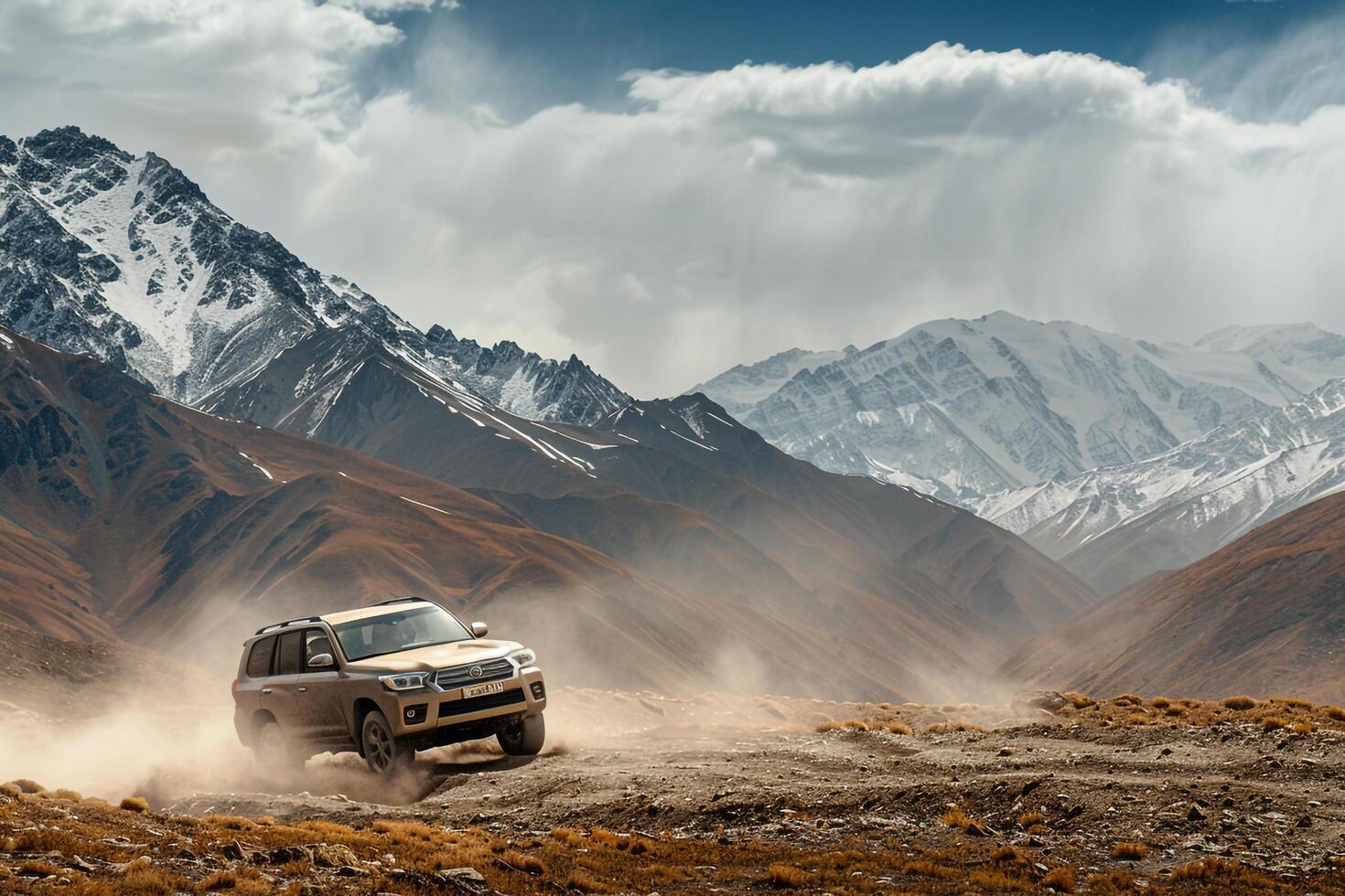 Rugged Mountain Pass with Snow capped Peaks and SUV nature background and Adventure photo