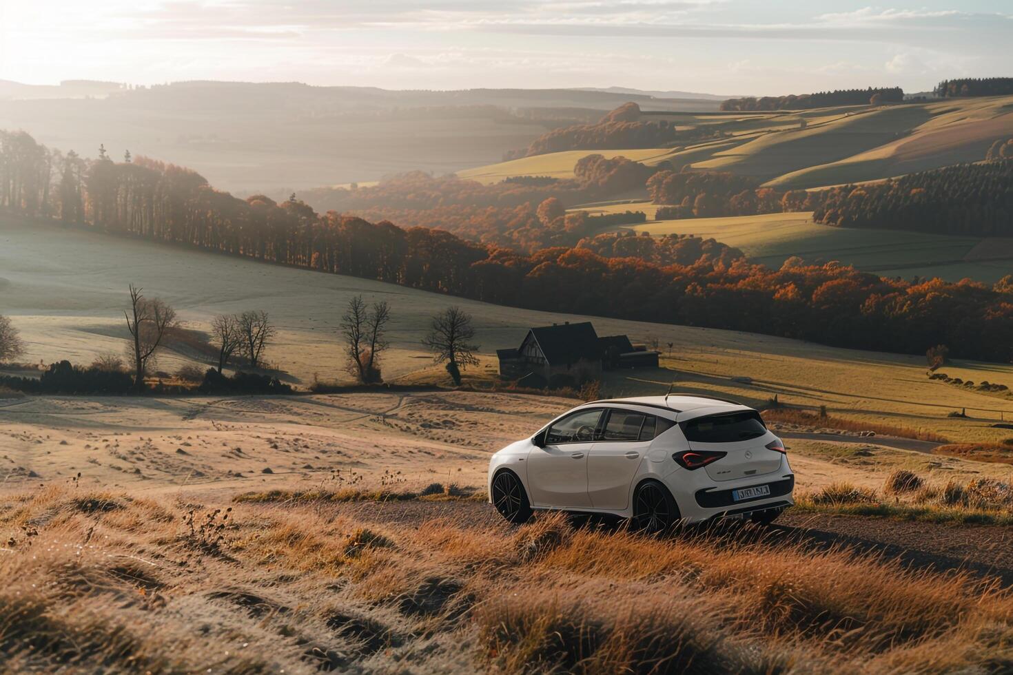 Compact Hatchback Parked by Country Road Overlooking Hills nature background photo