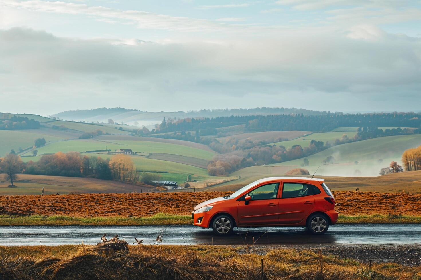 Compact Hatchback Parked by Country Road Overlooking Hills nature background photo