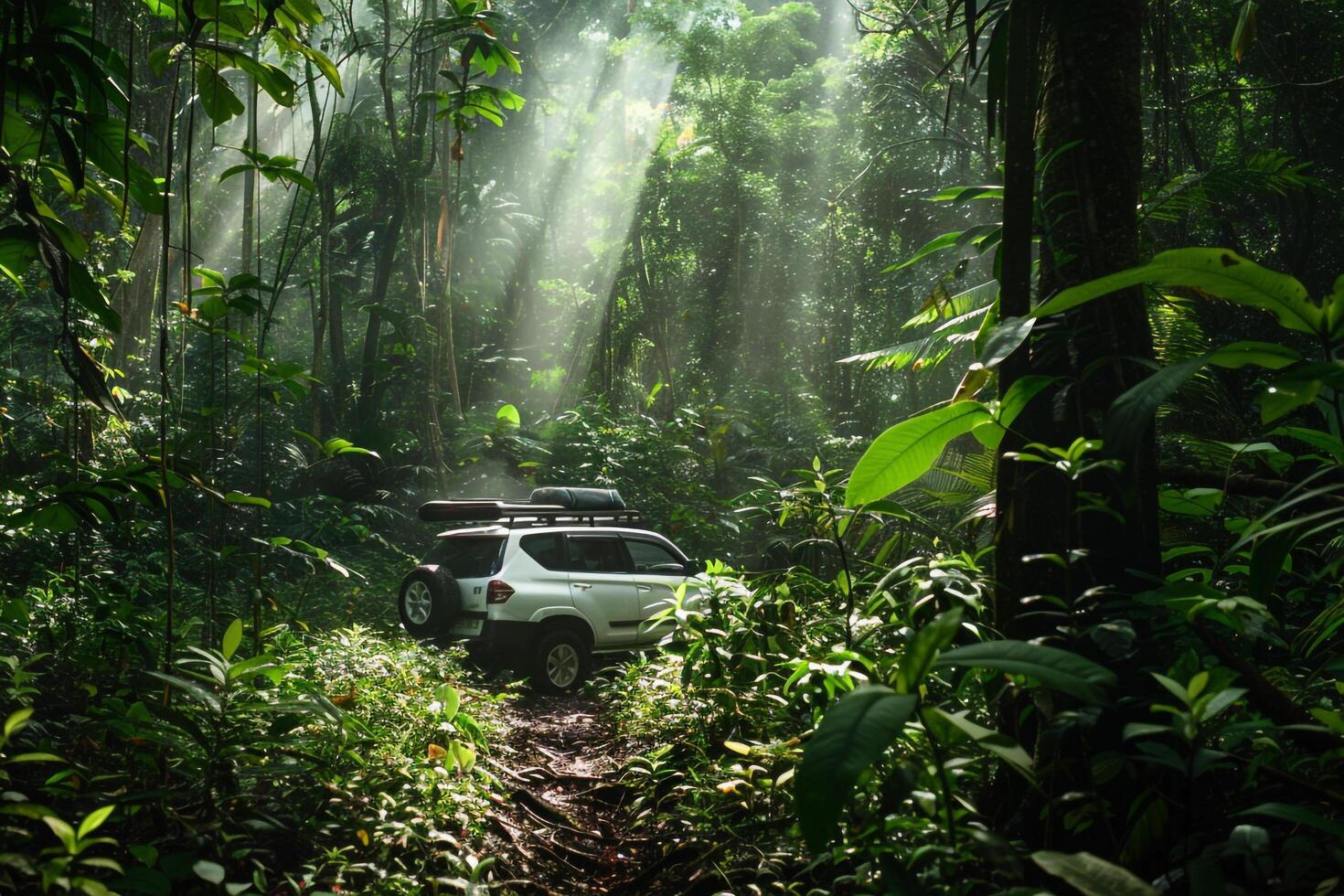 Full Size SUV Adventure Driving Through Dense Tropical Rainforest with Sunlight Filtering Through Canopy nature background photo