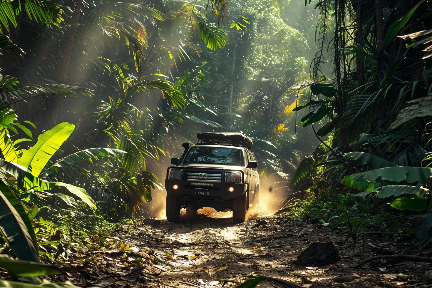 Full Size SUV Adventure Driving Through Dense Tropical Rainforest with Sunlight Filtering Through Canopy nature background photo