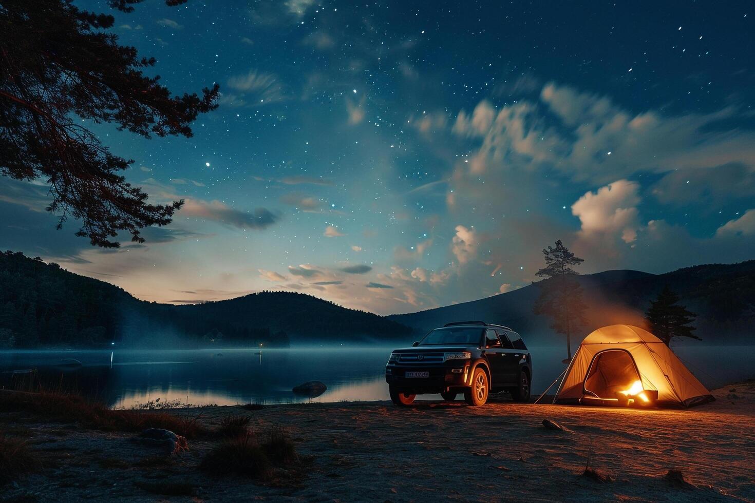 Compact Truck Parked at Lakeside Campground with Tent Pitched in Background and Campfire Burning Under Starry Sky nature background photo