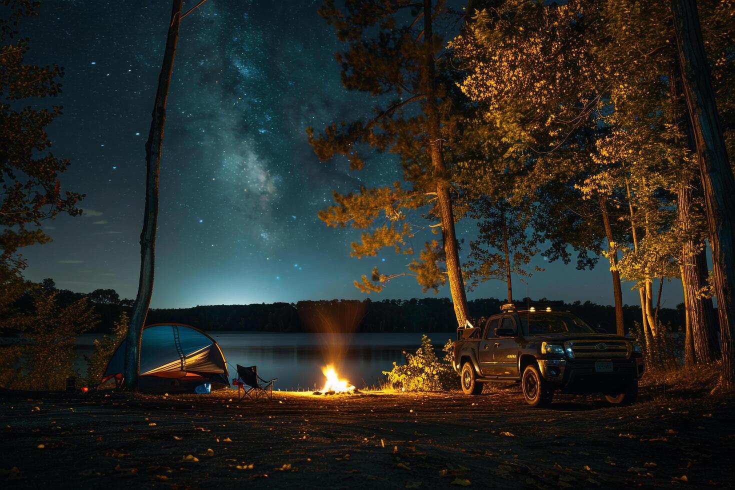 Compact Truck Parked at Lakeside Campground with Tent Pitched in Background and Campfire Burning Under Starry Sky nature background photo